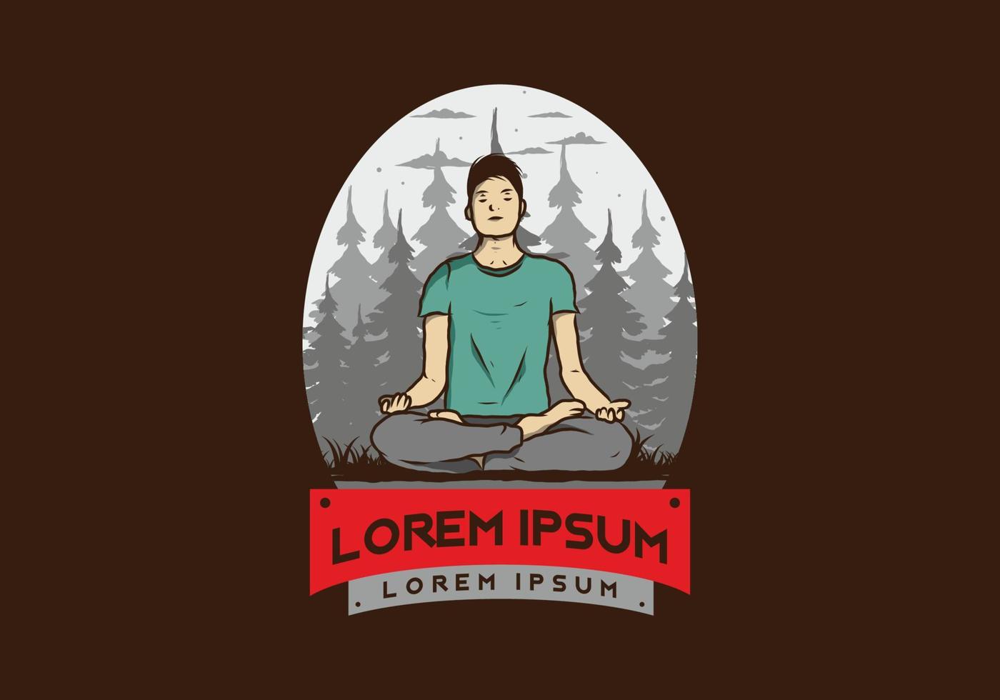ilustración de alguien haciendo yoga y meditando al aire libre en un bosque en la naturaleza entre pinos vector