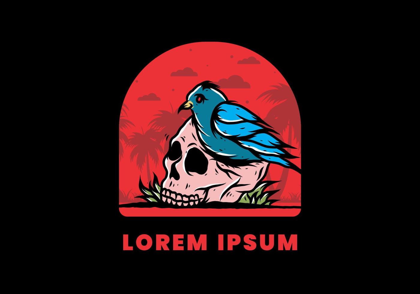Bird nesting in skull illustration vector