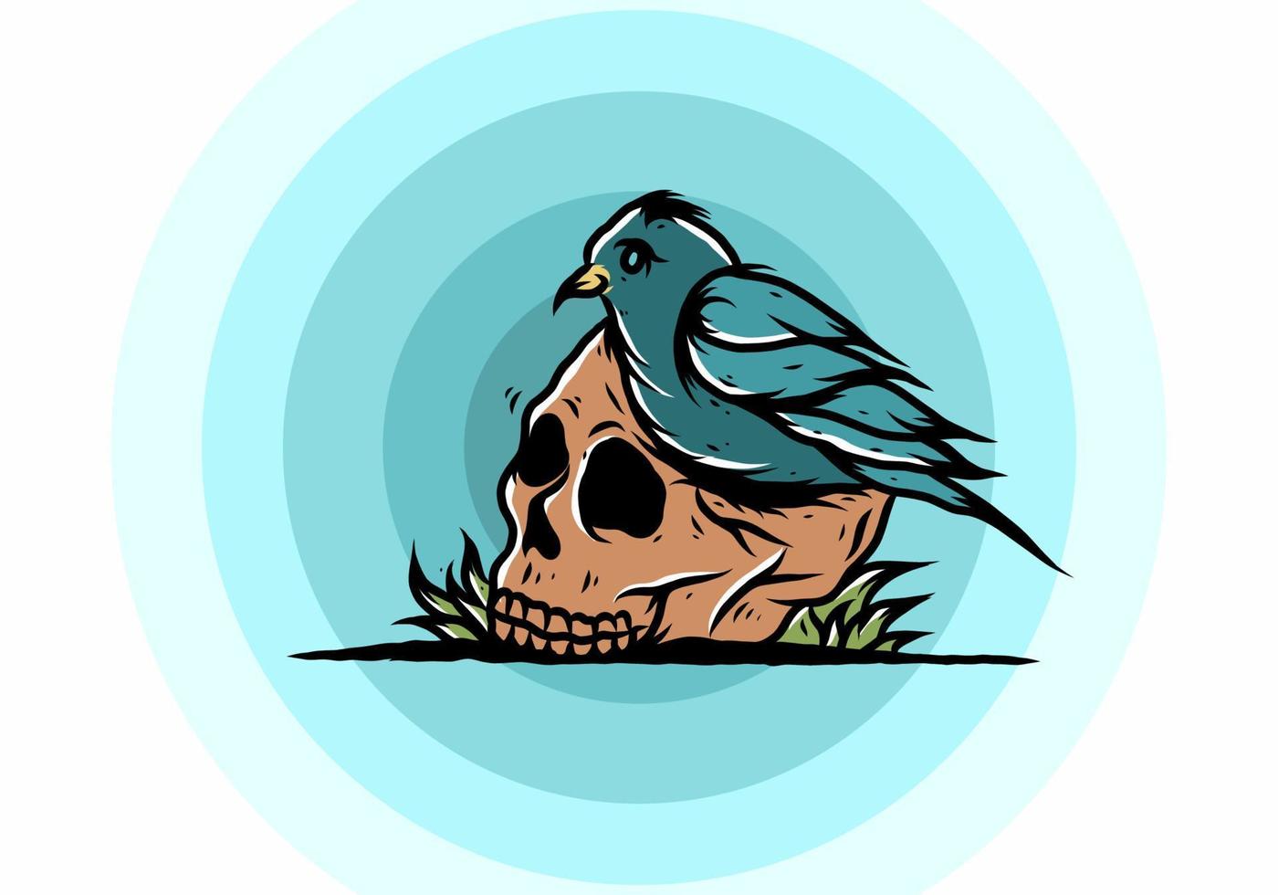 Bird nesting in skull illustration vector