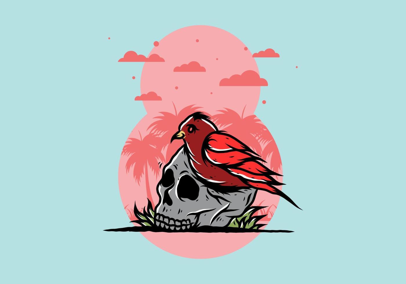Bird nesting in skull illustration vector