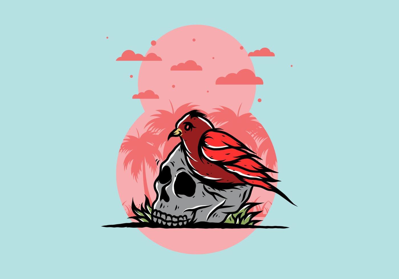 Bird nesting in skull illustration vector