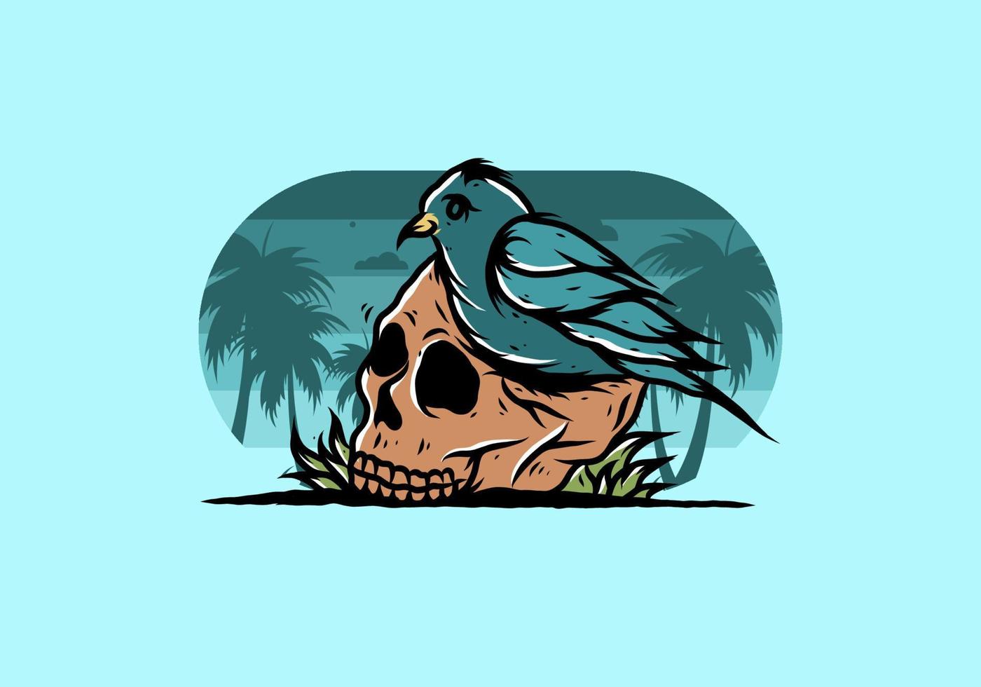 Bird nesting in skull illustration vector