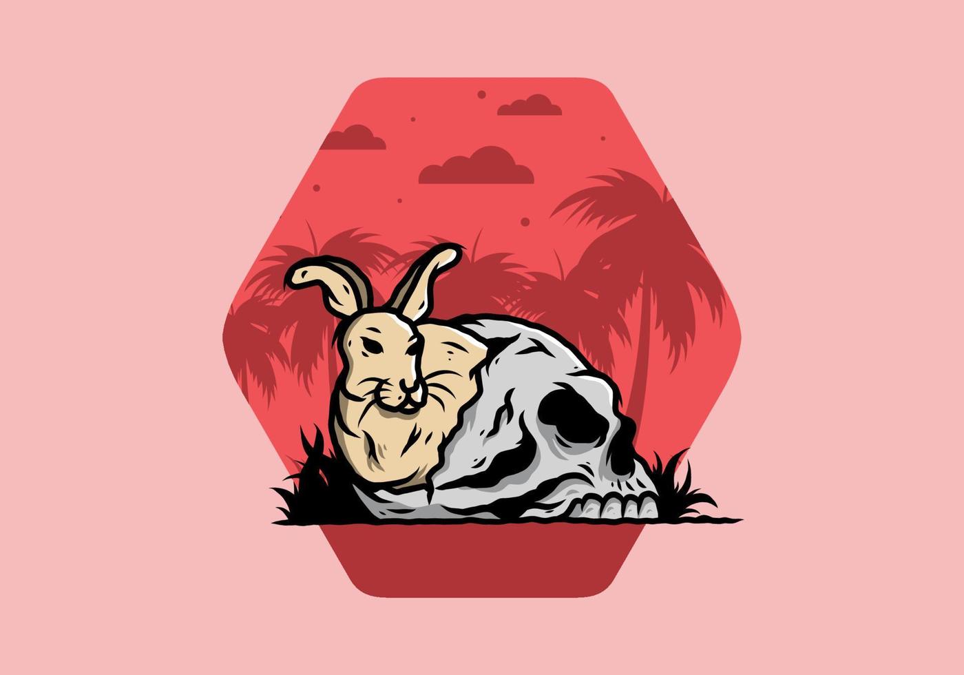 Rabbit hiding inside human skull illustration vector