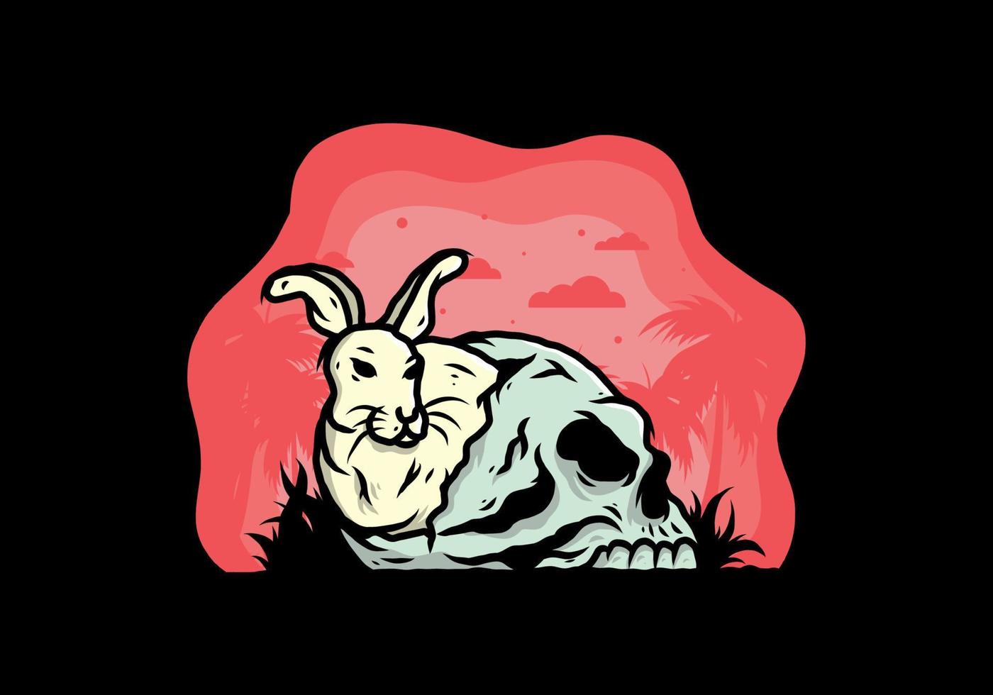 Rabbit hiding inside human skull illustration vector