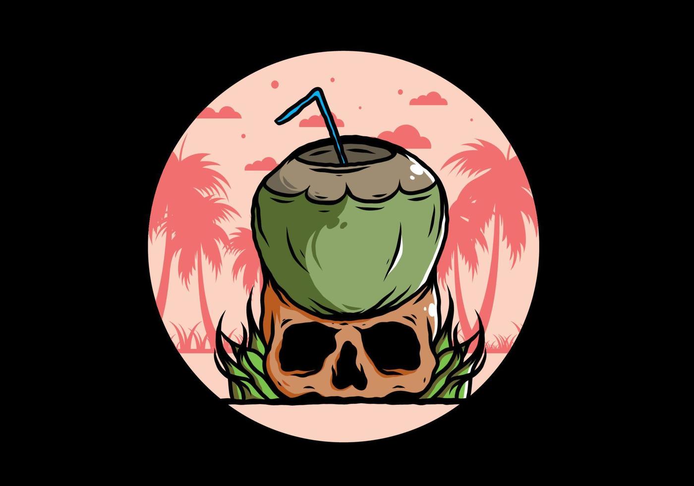 Coconut drink on human skull illustration vector