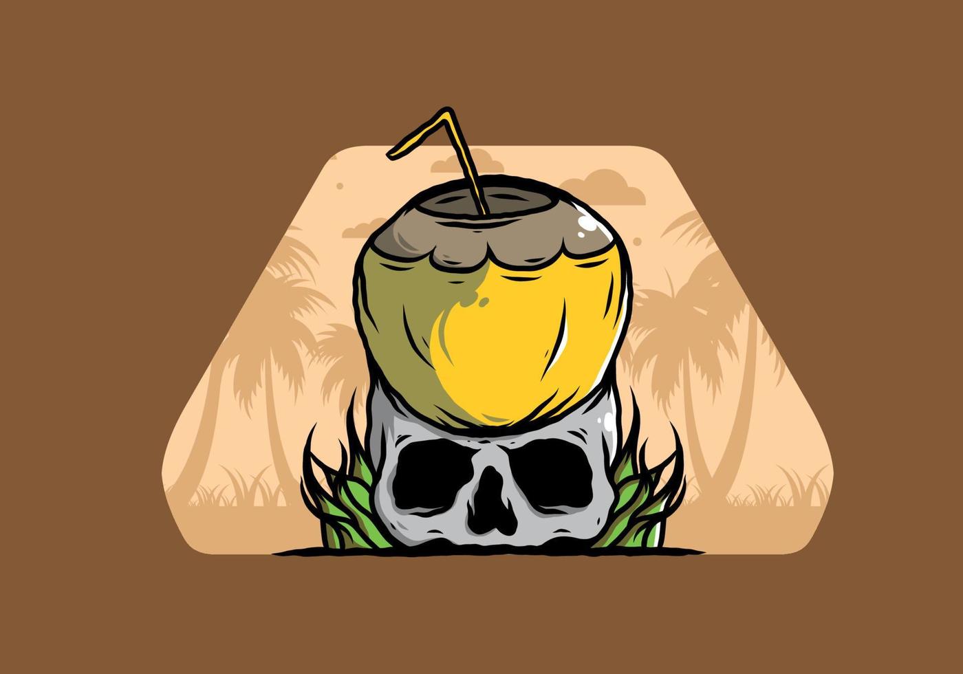 Coconut drink on human skull illustration vector