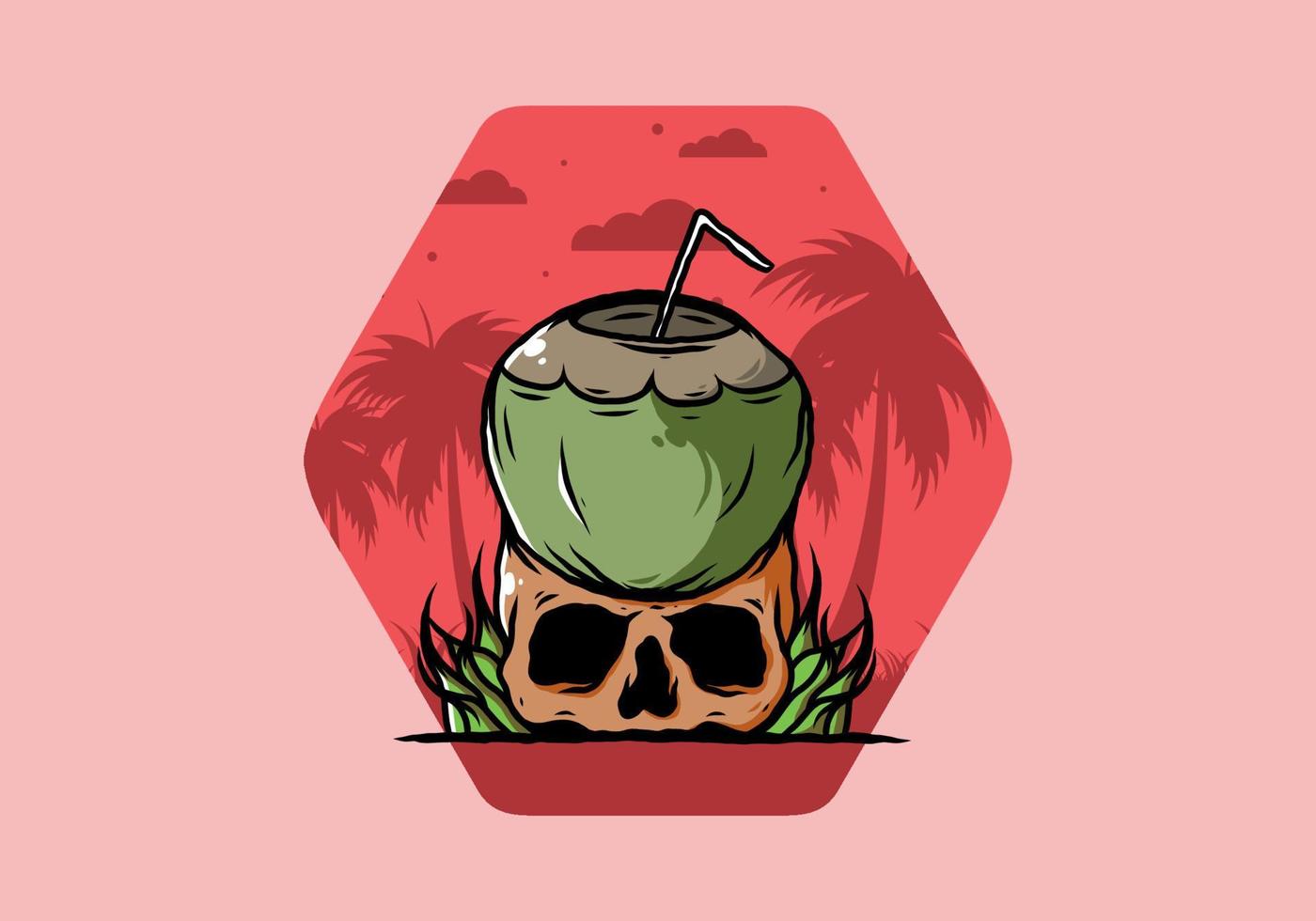 Coconut drink on human skull illustration vector