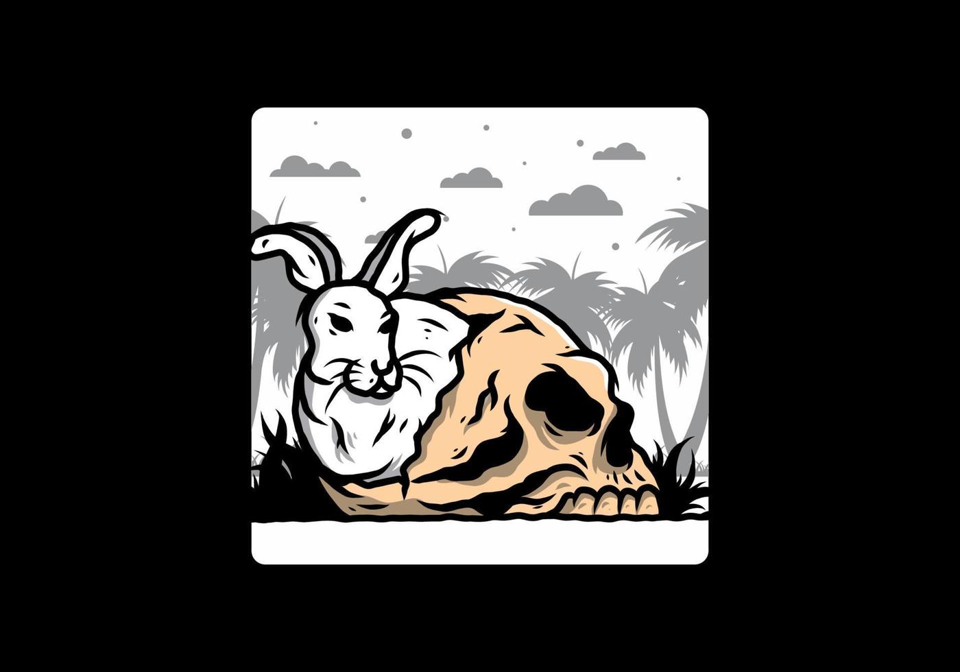 Rabbit hiding inside human skull illustration vector