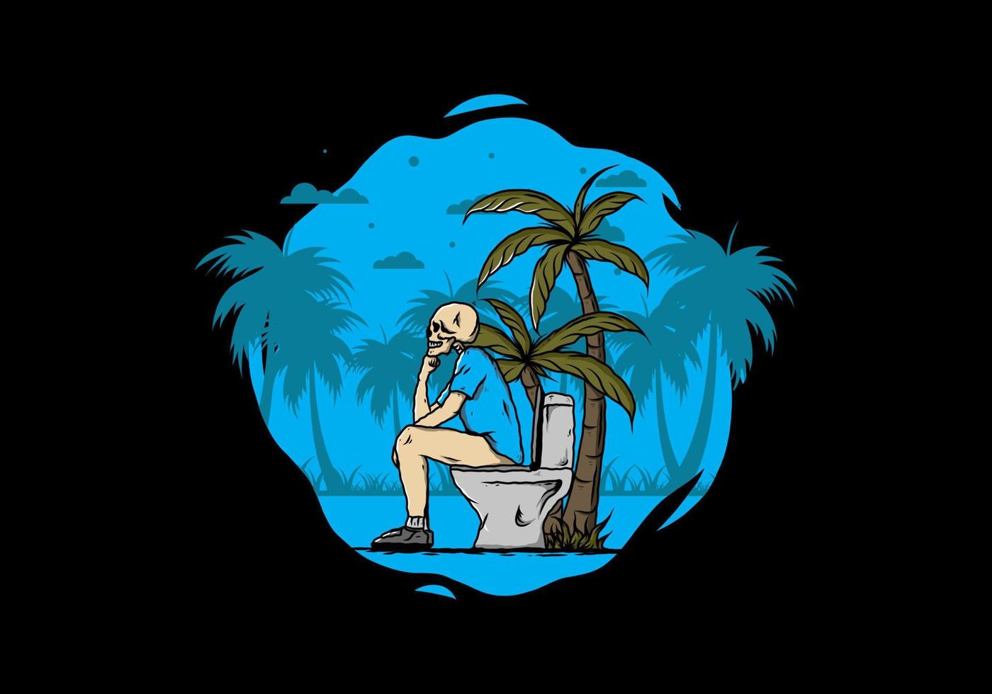 Skeleton man sit on outdoor toilet illustration vector