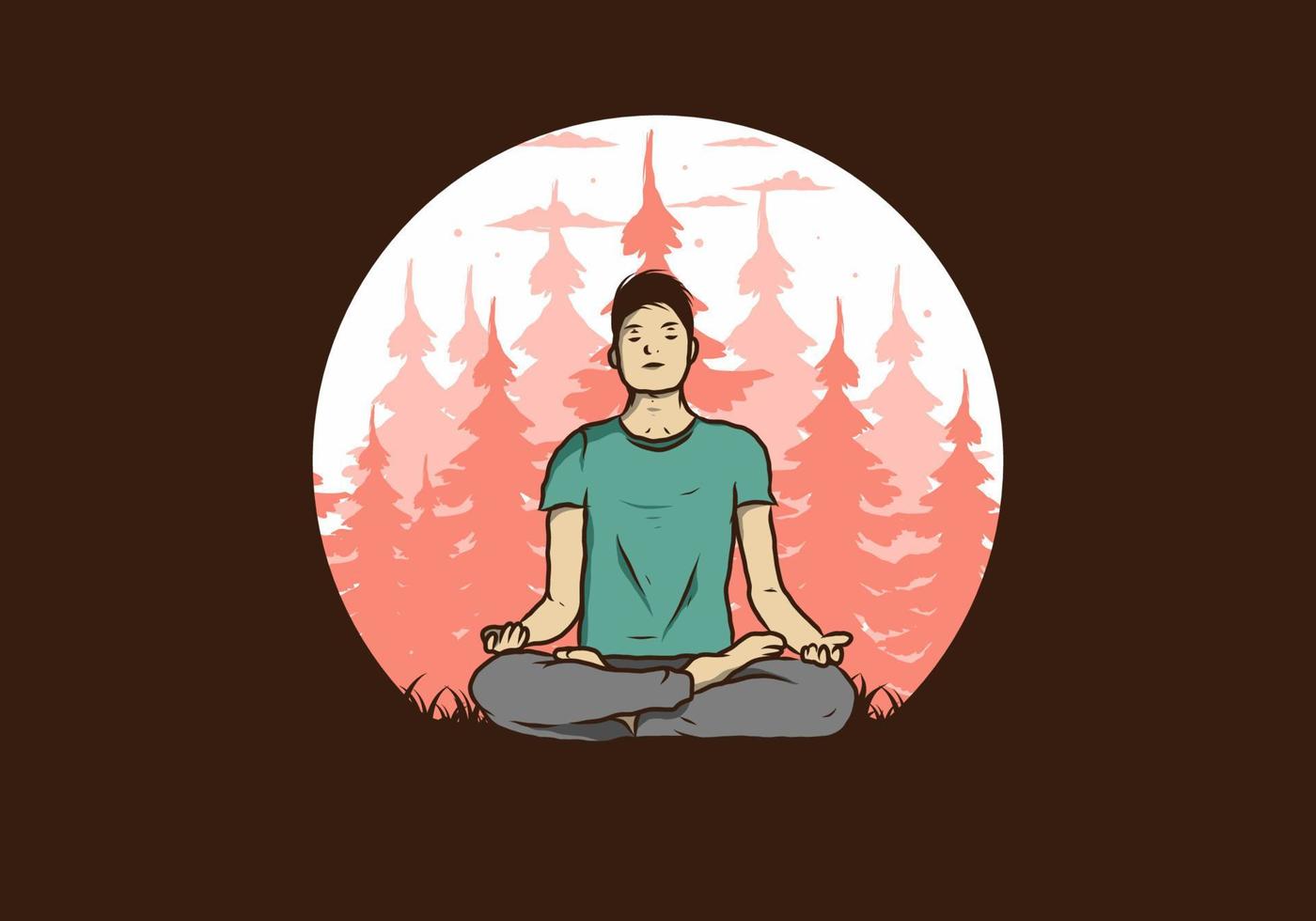 ilustración de alguien haciendo yoga y meditando al aire libre en un bosque en la naturaleza entre pinos vector