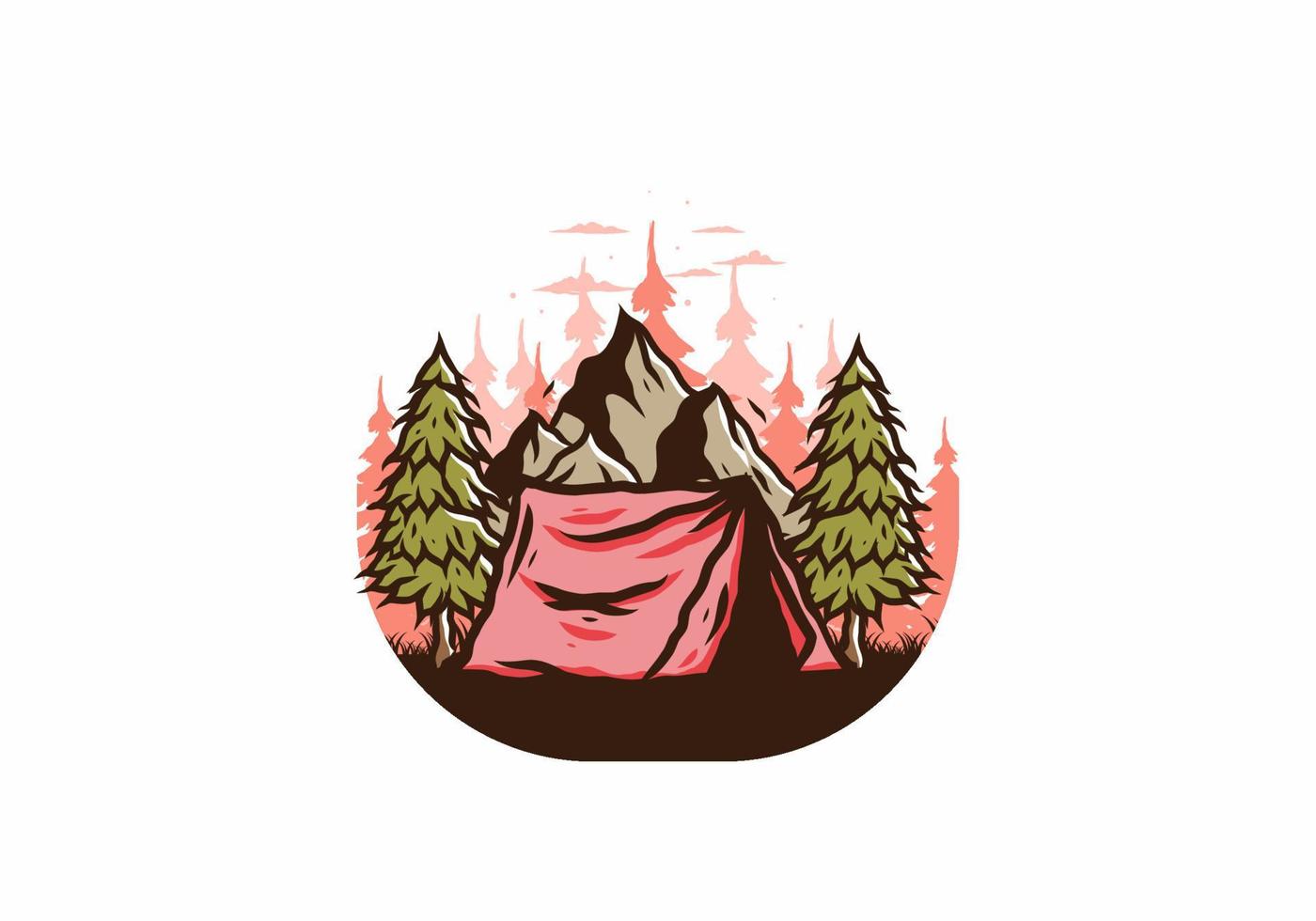 Camping tent in front of the mountain and between pine trees vector