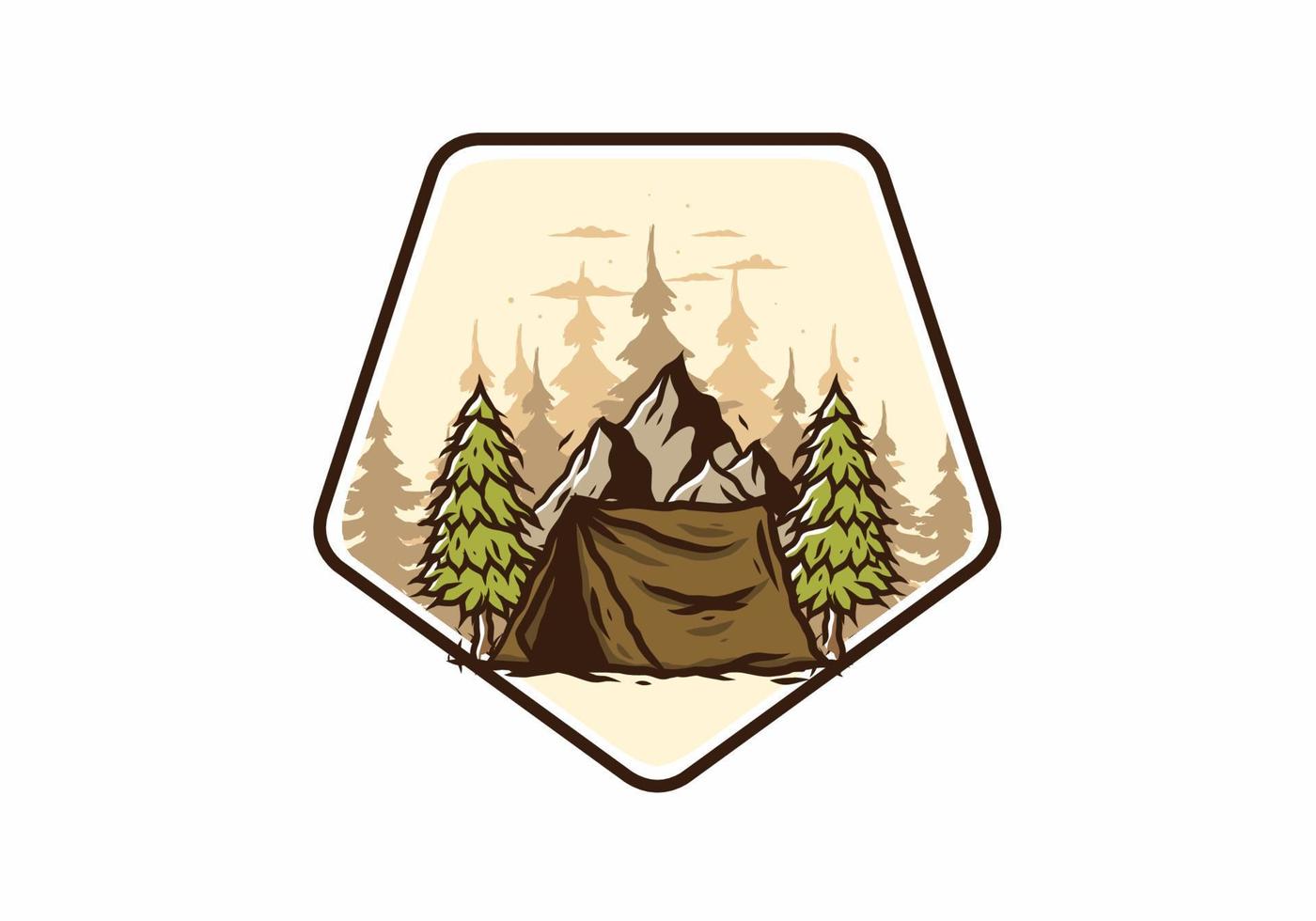 Camping tent in front of the mountain and between pine trees vector