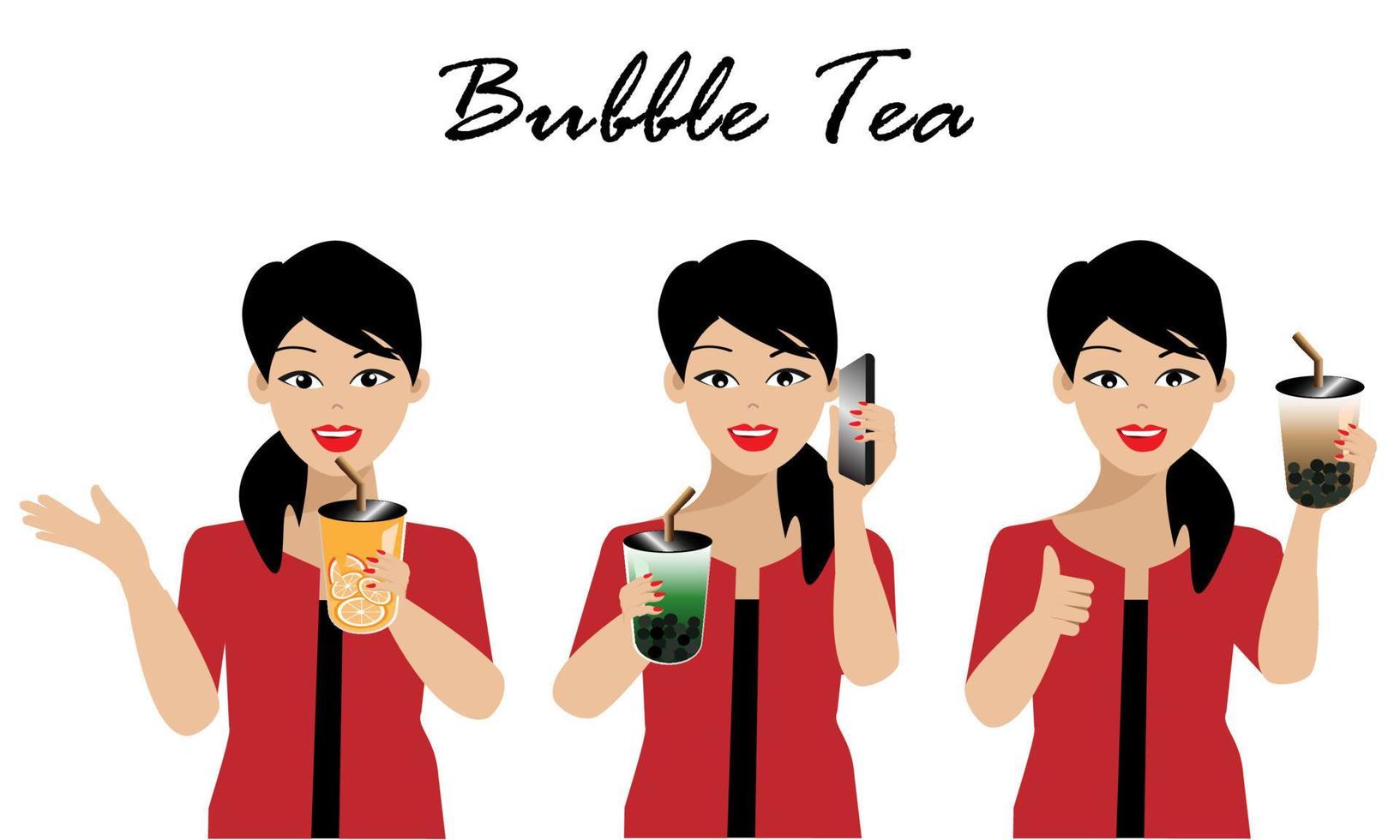 Woman holding bubble tea plastic cup in 3 characters vector