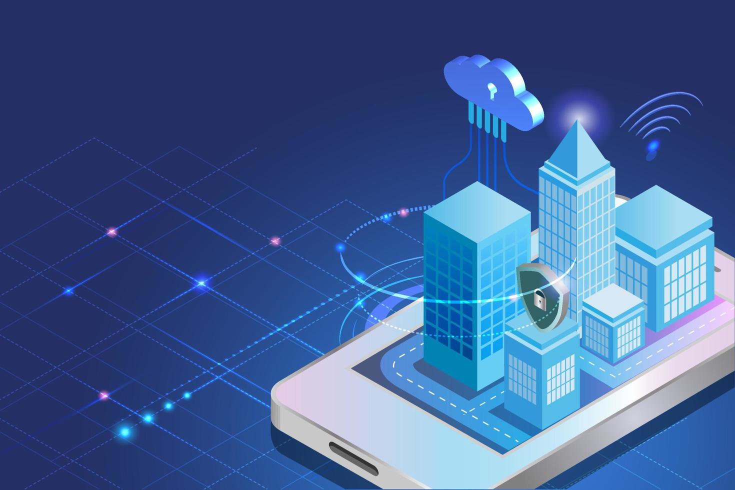 edificios de ciudades inteligentes con tecnología de computación en la nube inalámbrica digital y protección de seguridad cibernética en un contexto futurista. concepto de inteligencia 5g internet de las cosas. vector