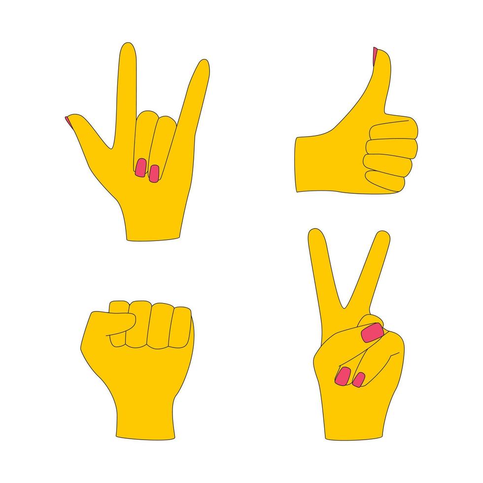 Hands depicting different gestures. Victory, goat, I love you, rock, like, clenched fist, thumbs up. Symbols of solidarity, support, approval. Color vector illustration isolated on a white background
