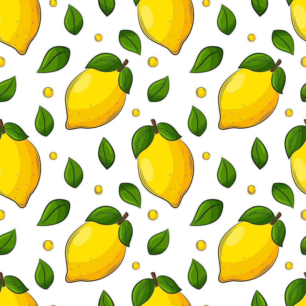 Bright juicy summer citrus lemon seamless pattern. Hand-drawn fruit with an outline. Fruit backdrop. For summer textiles, food packaging, napkins. Color vector illustration on a white background.