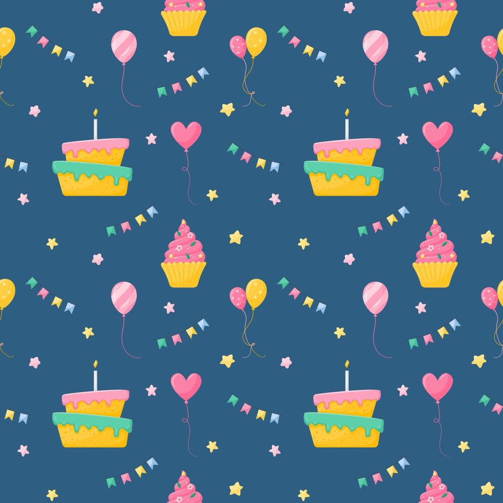 A festive seamless pattern with cake, balloons, flags and cake, hearts and stars. Symbols of holiday, celebration. Vector illustrations in a flat cartoon style on a dark blue background.