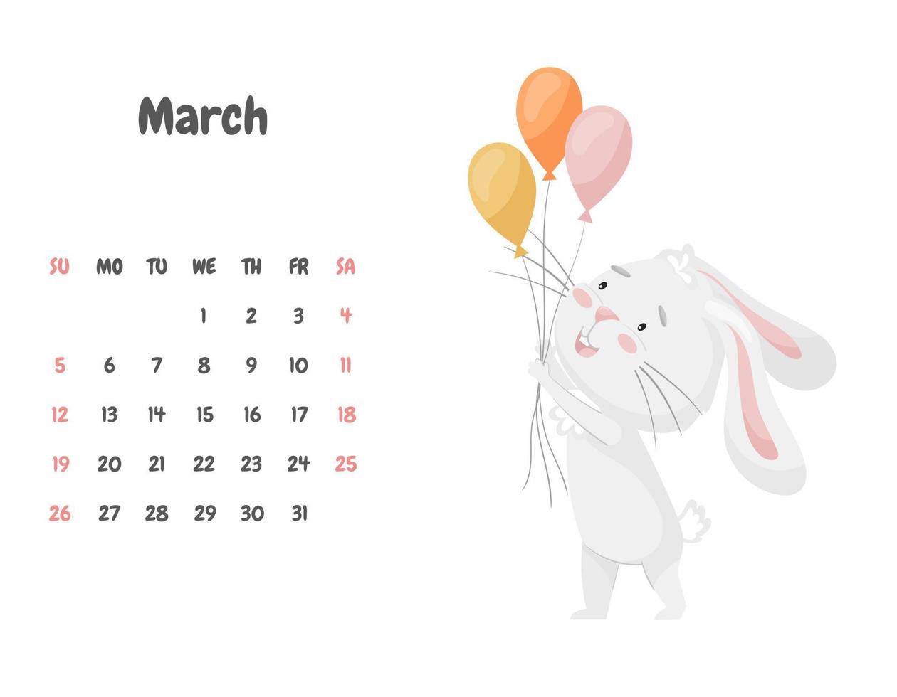 The calendar page for the month of March 2023 with a cute smiling rabbit holding festive balloons in its paws. Adorable animal, a character in pastel colors. Vector illustration on a white background