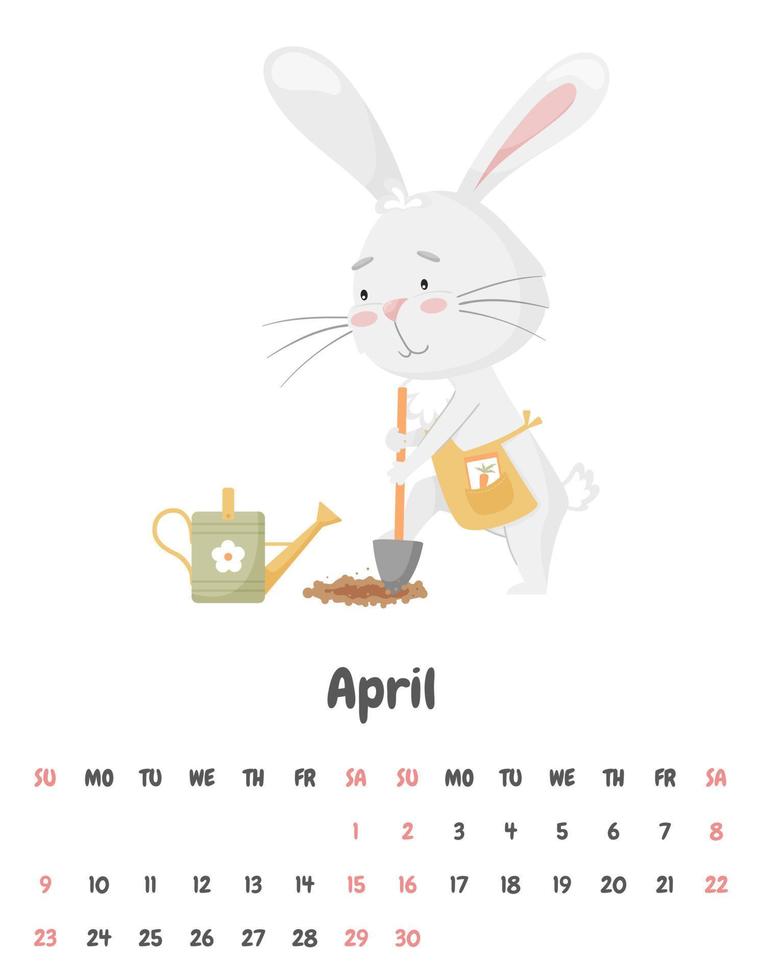 Calendar page for the month of April 2023 with a cute rabbit, digging with a shovel, planting a carrot. Bunny gardener. Adorable animal, a character in pastel colors. Vector illustration on white.