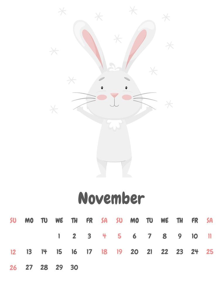 The calendar page for the month of November 2023 with a cute smiling rabbit, rejoicing in the flying snowflakes. Adorable animal, character in pastel colors. Vector illustration on a white background