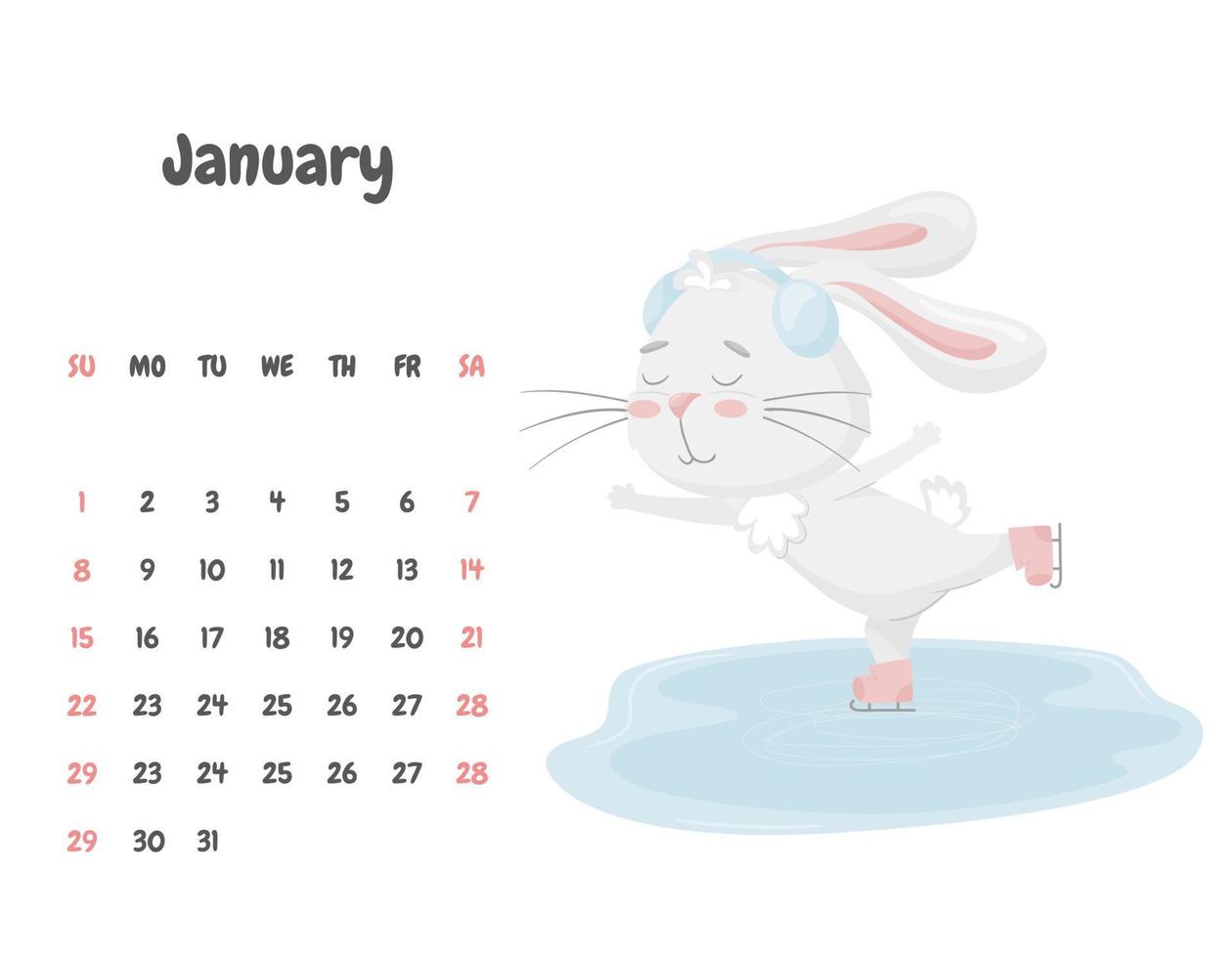 Calendar page for the month of January 2023 with a cute rabbit skating on an ice rink wearing headphones. Adorable animal, a character in pastel colors. Vector illustration on a white background