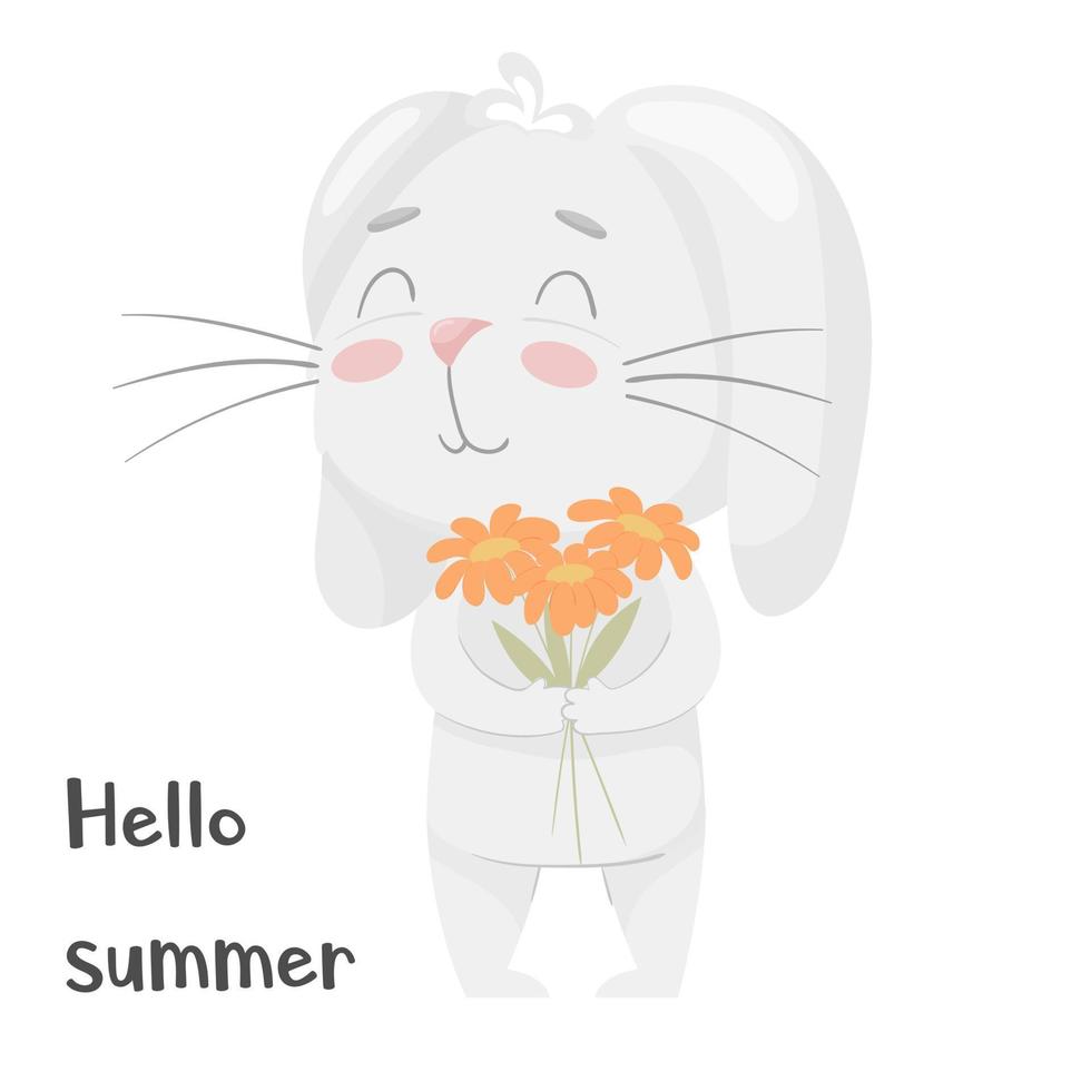 Cute smiling rabbit holding a bouquet of spring flowers.Hello summer. Kids design. Adorable animal, character in pastel colors. For cards, clothes, t shirt print. Vector illustration on white.