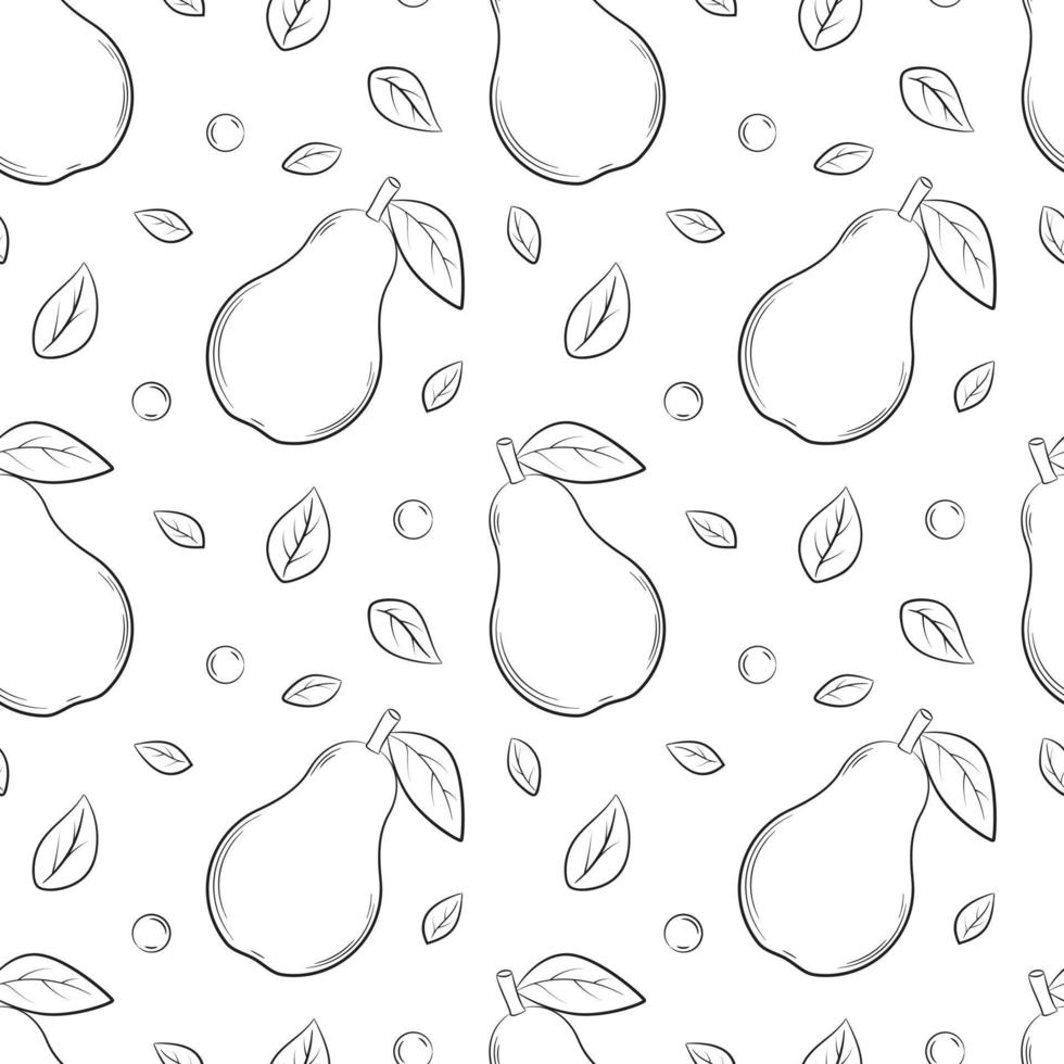 monocromo blanco y negro fruta de patrones sin fisuras. peras y hojas dibujadas a mano. fondo de esquema simple para diseño web, embalaje de productos, servilletas, telones de fondo. ilustración vectorial en blanco vector