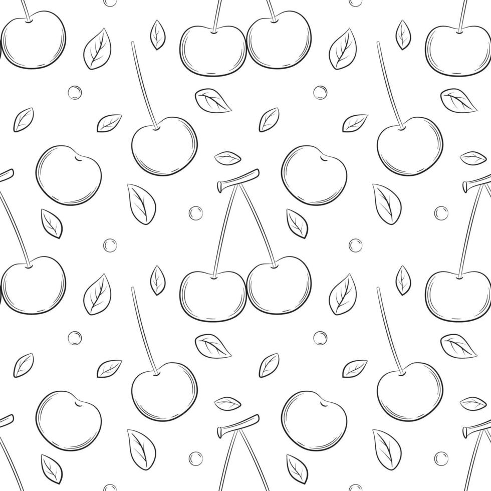 monocromo blanco y negro fruta de patrones sin fisuras. bayas de cereza dibujadas a mano con hojas. un fondo de esquema simple para diseño web, empaque de productos, servilletas, fondos. ilustración vectorial en blanco vector