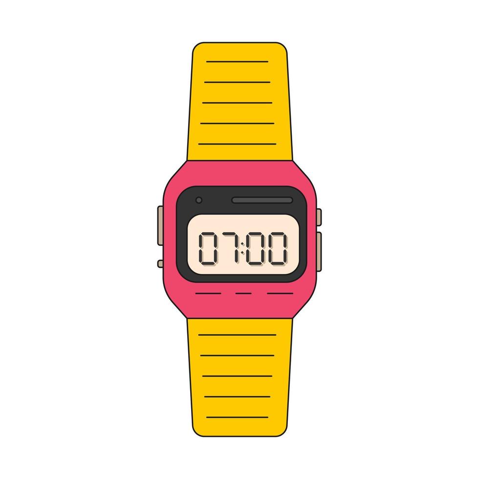Retro electronic wrist watch. 7 o'clock on display. A wristwatch with a bracelet. Icon with an outline. Vector illustration isolated on white background.