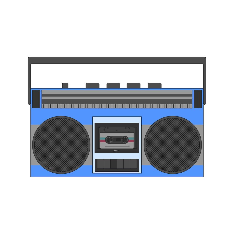Vintage hipsters tape recorder for listening to music on audio cassettes. An old musical technique for a mix tape. The symbol of the 90s. Color vector icon isolated on a white background.