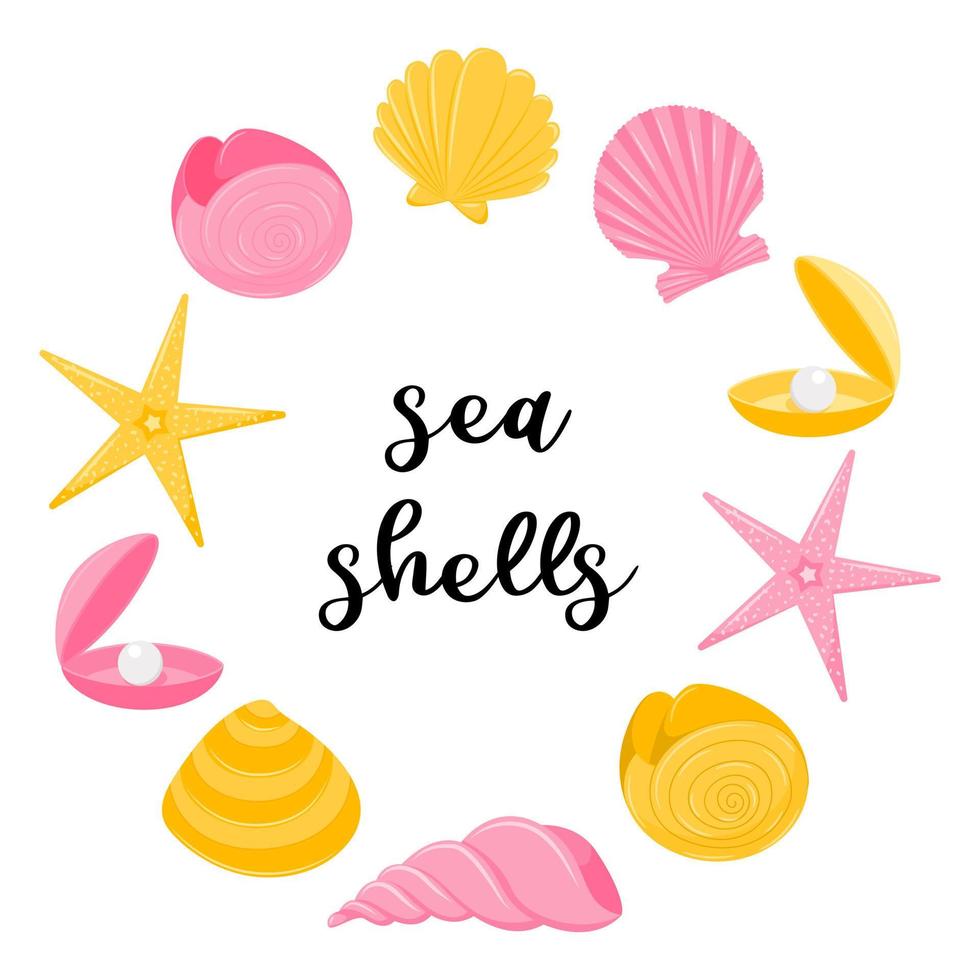 Round pink-yellow frame of marine aquatic animals, spiral shells, nautilus, starfish, pearl clam. Flat cartoon style. Vector illustrations isolated on a white background.