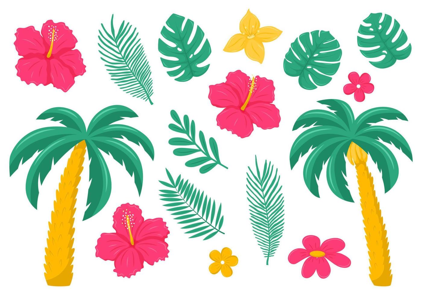 un conjunto de hojas y flores tropicales y exóticas. palma, hibisco, plumeria. ilustraciones de vectores botánicos brillantes en un estilo plano. Aislado en un fondo blanco.