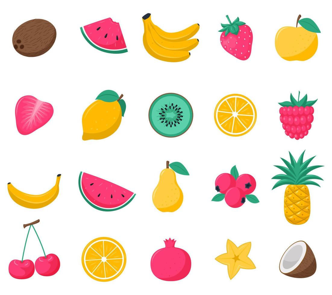A set of bright tropical summer fruits and berries. Strawberries, coconut, pineapple, bananas, raspberries, cherries. Vector illustrations in a flat cartoon style isolated on a white background.