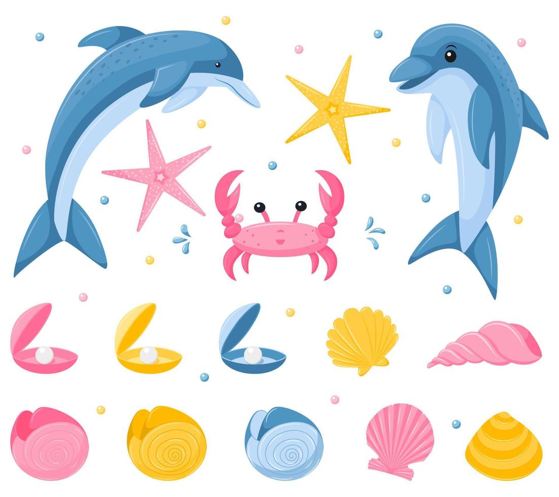 A set of marine underwater animals. Dolphins, crab, seashells and starfish. Cute characters in a flat, cartoon style. Vector illustrations isolated on a white background.