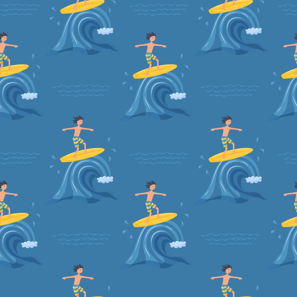 Seamless pattern with a surfer boy riding a wave. Active summer sports, entertainment. Sea, ocean wave. For summer clothes, towels, beach accessories. Vector illustration on a dark blue background.