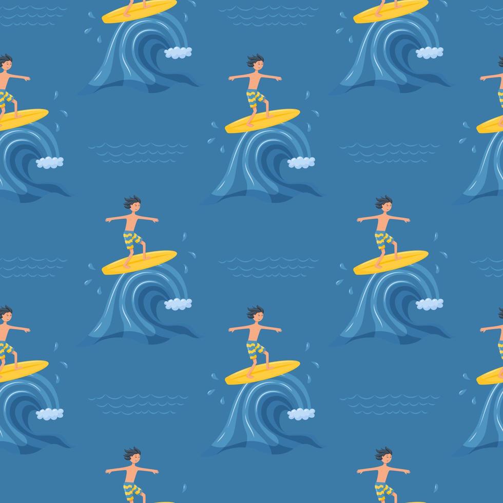 Seamless pattern with a surfer boy riding a wave. Active summer sports, entertainment. Sea, ocean wave. For summer clothes, towels, beach accessories. Vector illustration on a dark blue background.