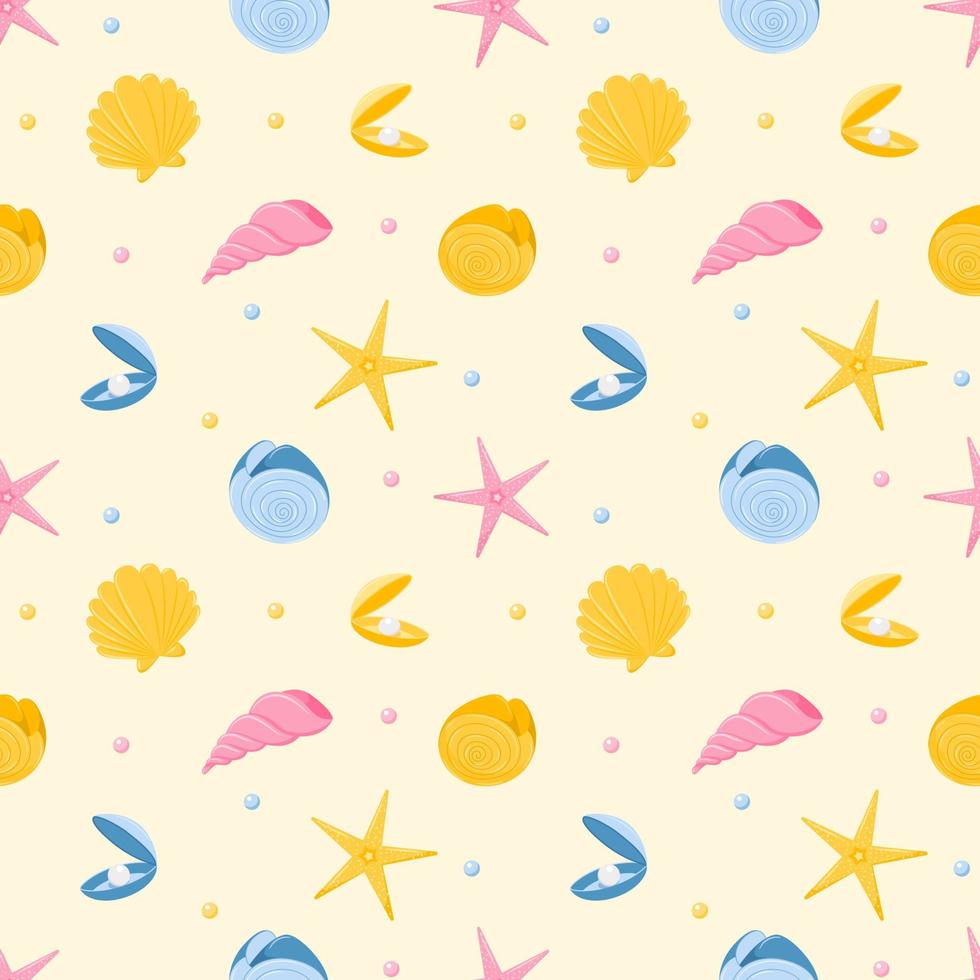 Seamless pattern with starfish, nautilus, seashells and pearls. Marine animals. Vector illustration in a flat cartoon style on a beige background. For summer, beach textiles and accessories.