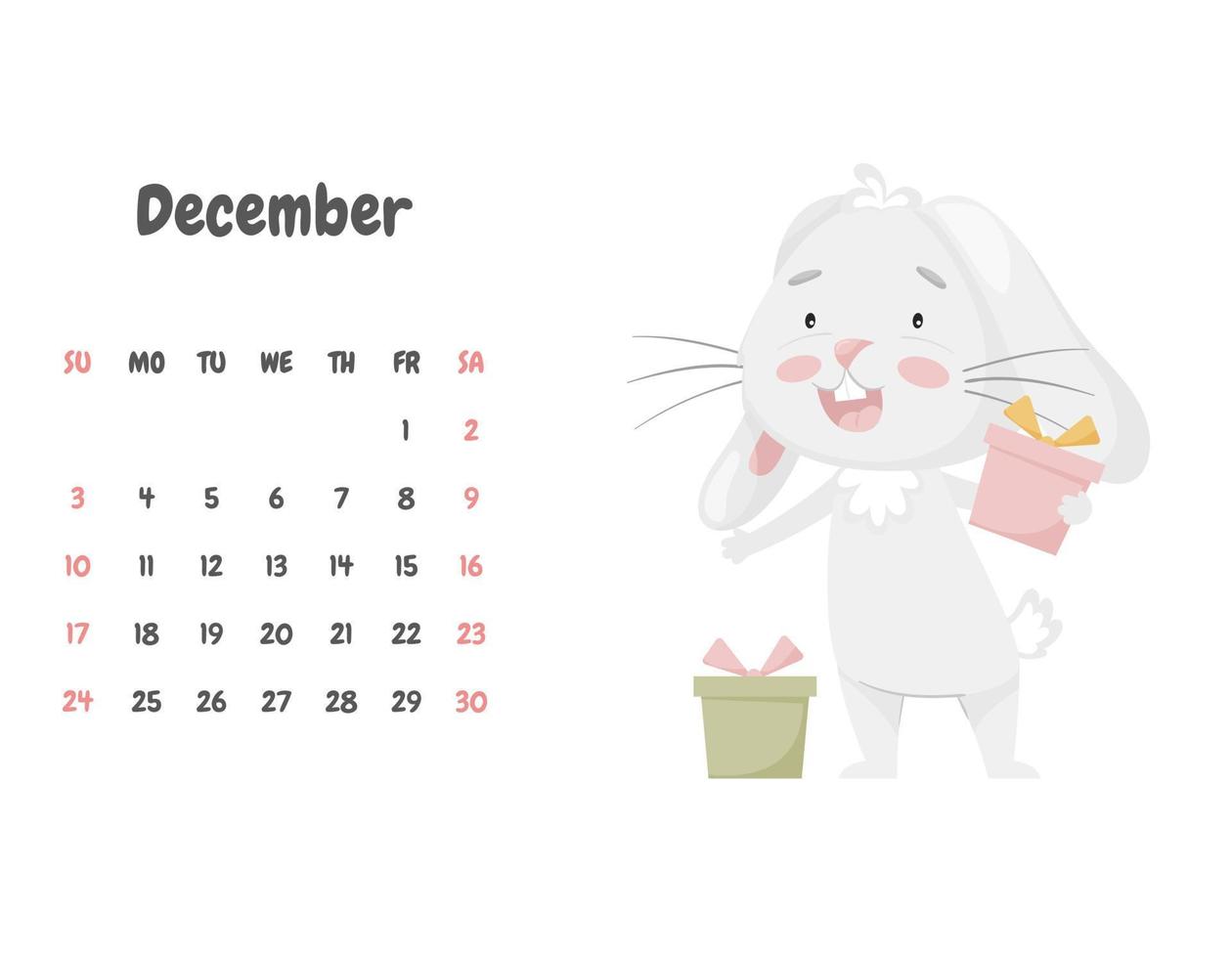 Calendar page for the month of December 2023 with a cute happy rabbit holding gift boxes. Adorable animal, a character in pastel colors. Children's calendar. Vector illustration on a white background.