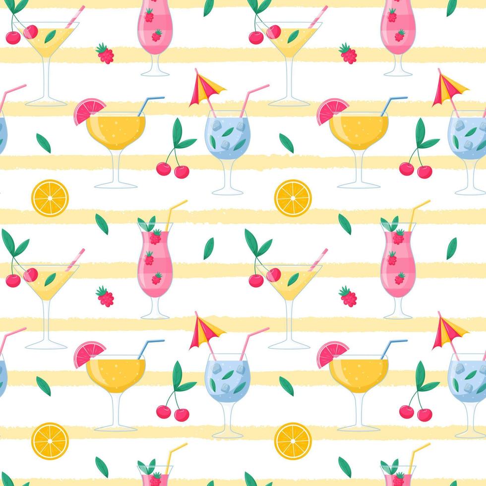 Summer seamless pattern with bright cocktails, cold drinks with fruits and berries, cherries, raspberries, oranges.Vector illustrations in flat cartoon style on a background of yellow texture stripes. vector