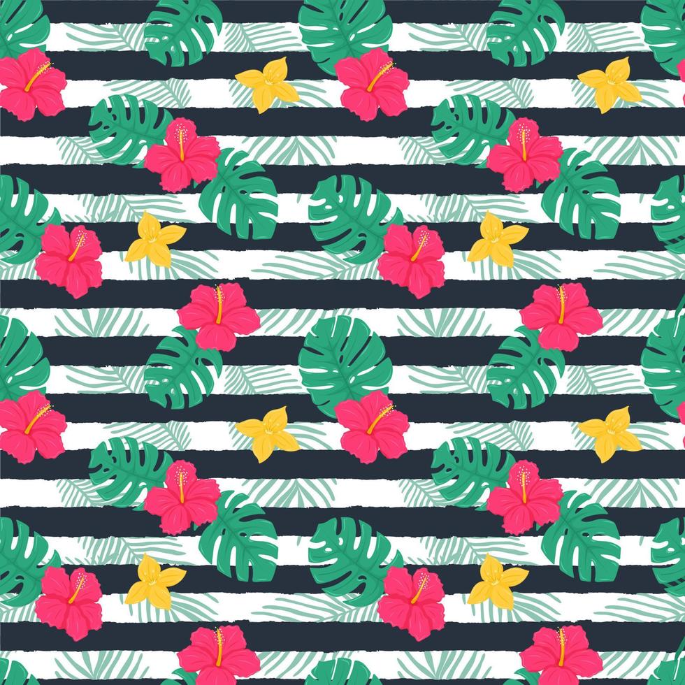 Summer seamless pattern with leaves of monstera, palm, pink and yellow flowers, hibiscus. Bright botanical vector illustrations in a flat cartoon style on a background with dark texture stripes.