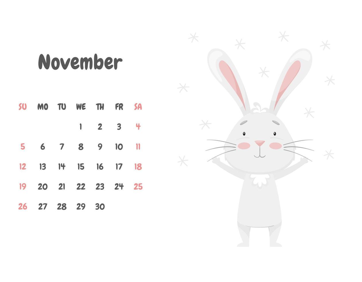 The calendar page for the month of November 2023 with a cute smiling rabbit, rejoicing in the flying snowflakes. Adorable animal, character in pastel colors. Vector illustration on a white background