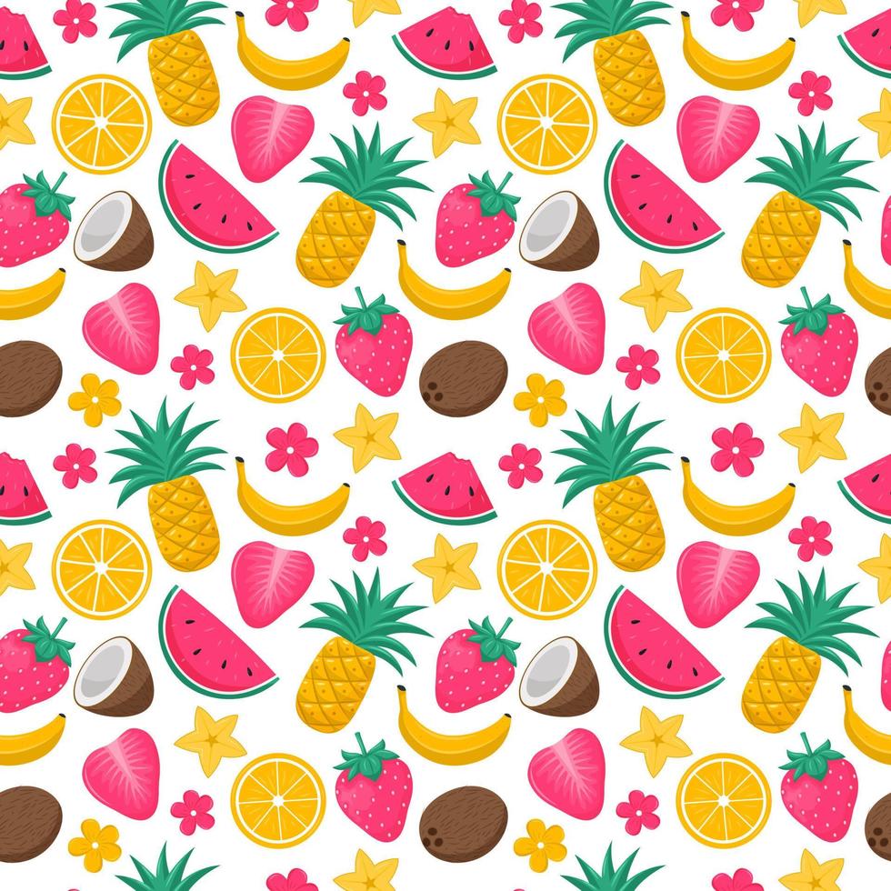 Bright summer seamless pattern with exotic, tropical fruits, berries and flowers. Coconut, pineapple, watermelon, strawberry. Vector illustrations in a flat cartoon style on a white background.