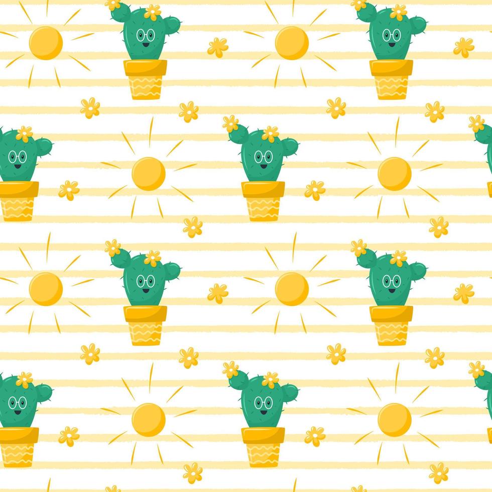 Seamless pattern with a cute blooming cactus, a character with glasses, the sun and flowers. Summer vector illustrations in a flat cartoon style on a white background with yellow texture stripes.