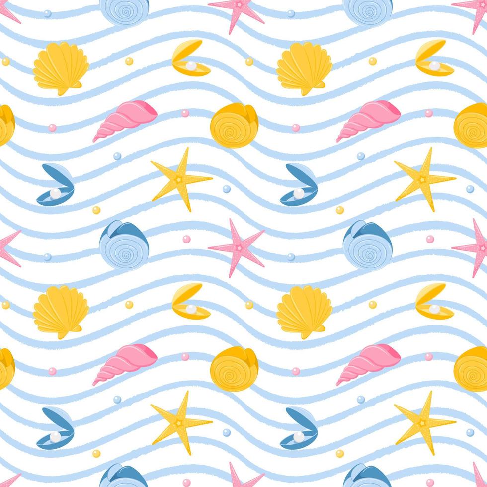 Seamless pattern with starfish, nautilus, seashells and pearls. Marine animals. Vector illustration in a flat cartoon style on a white background with blue texture waves.For summer, beach accessories