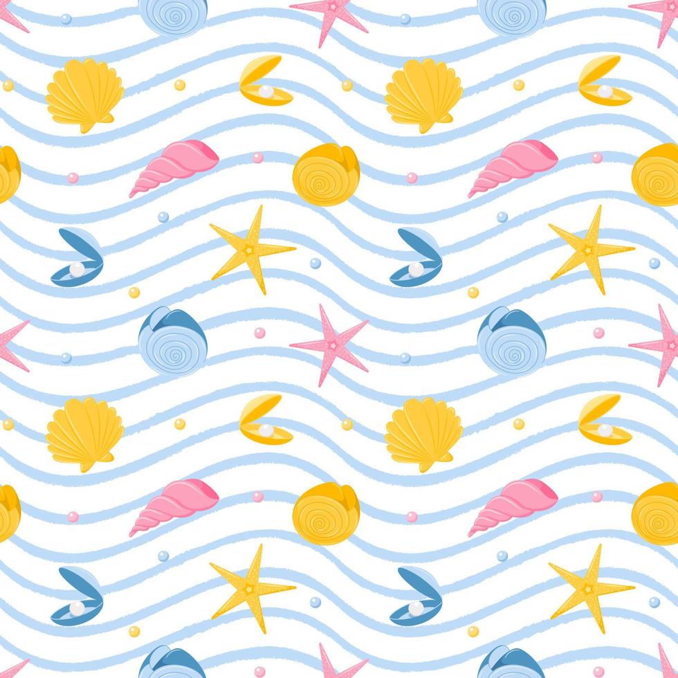 Seamless pattern with starfish, nautilus, seashells and pearls. Marine animals. Vector illustration in a flat cartoon style on a white background with blue texture waves.For summer, beach accessories