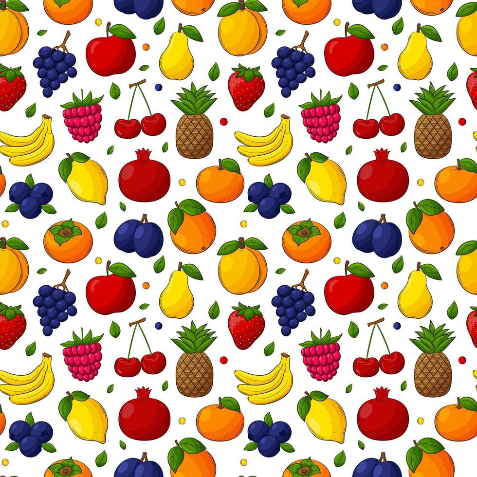 brillante jugosa fruta de verano de patrones sin fisuras. fruta dibujada a mano con un contorno. un conjunto de frutas y bayas. para textiles de verano, envases de alimentos, servilletas. ilustración de vector de color sobre un fondo blanco