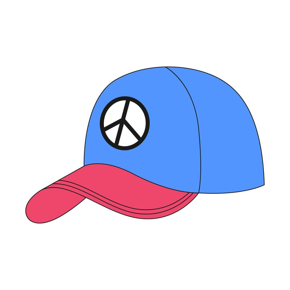 A cap with a peace symbol. Baseball cap, hat, headware. Youth clothing item. A flat icon with an outline. Color vector illustration isolated on a white background.