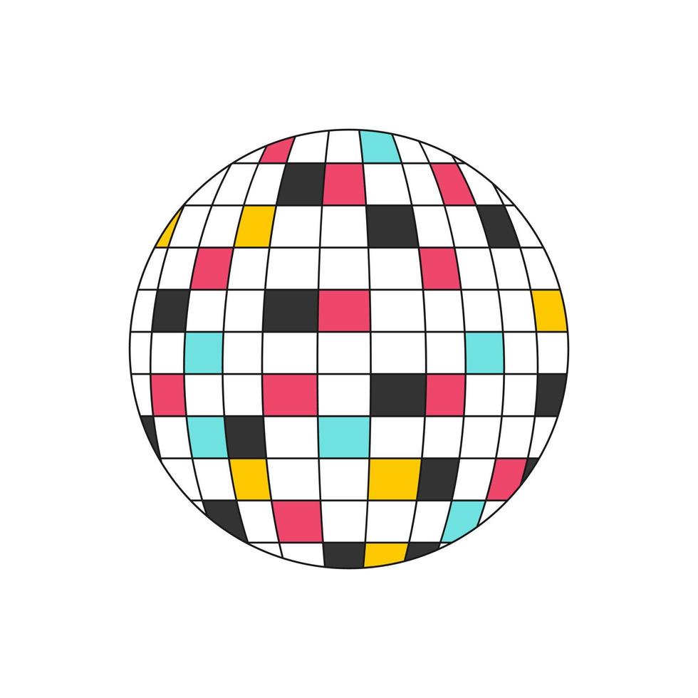 Disco ball. Disco equipment with mirrored and colored elements reflecting light. Retro decorative element. A flat icon with an outline. Color vector illustration isolated on a white background.