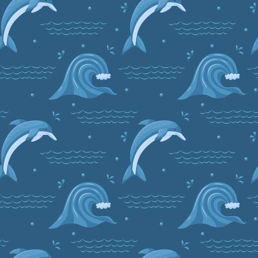 Seamless pattern with sea, ocean wave and cute diving dolphin. Sea element and aquatic animal. For summer, beach textiles. Vector illustration in a flat cartoon style on a dark blue background.