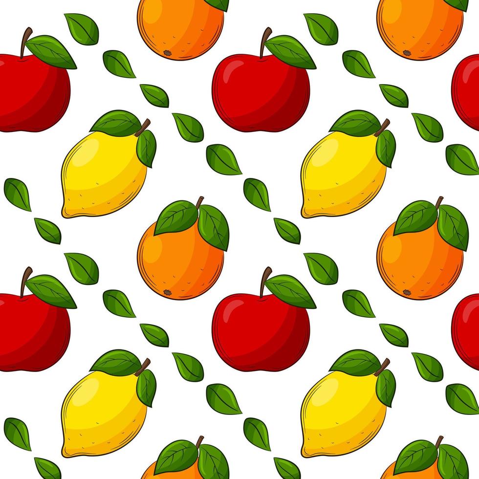 Bright juicy summer fruit seamless pattern. Hand-drawn fruit with an outline. Lemon, orange, apple. For summer textiles, food packaging, napkins. Color vector illustration on a white background.